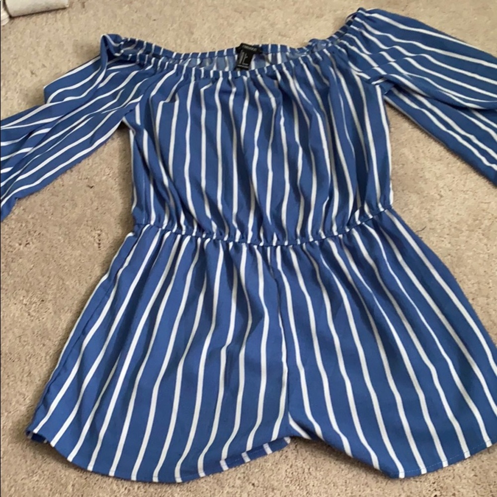 F21 Blue White Stripe Off the Shoulder Romper